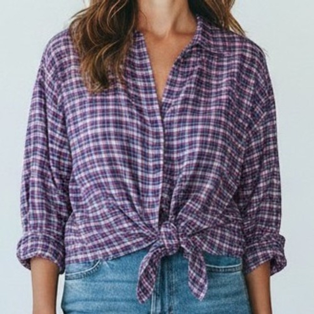 Madewell Tie Front Shirt Women XS Blue Red Plaid Cotton Linen G1412 Casual Top